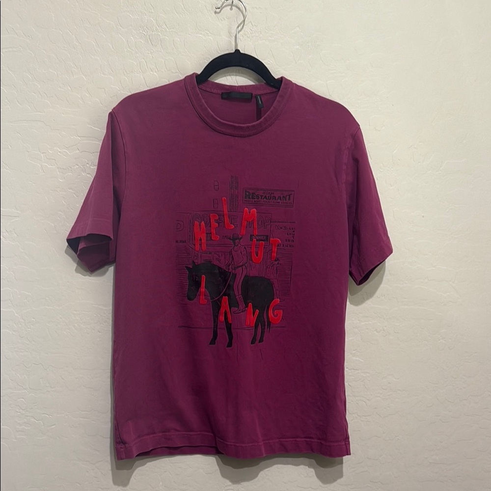Helmut Lang Scribble Logo Tee in Raspberry, Size Medium